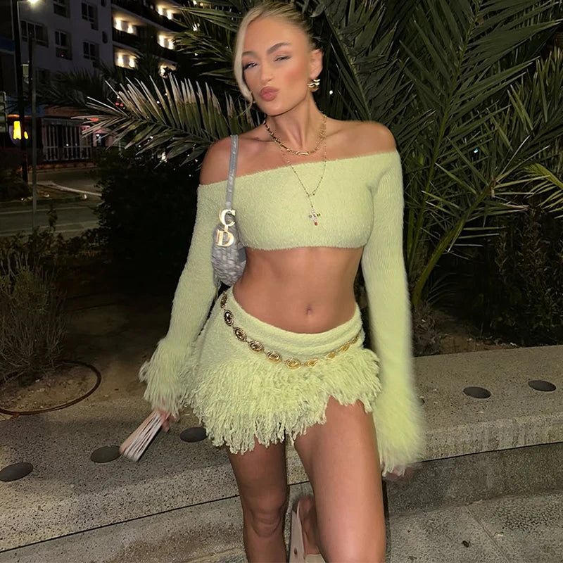 Elegant Tassel Knitted Skirt Set Women Off Shoulder Long Sleeve Crop Top Hip Package Mini Skirts Suit Summer Beach Lady Outfits