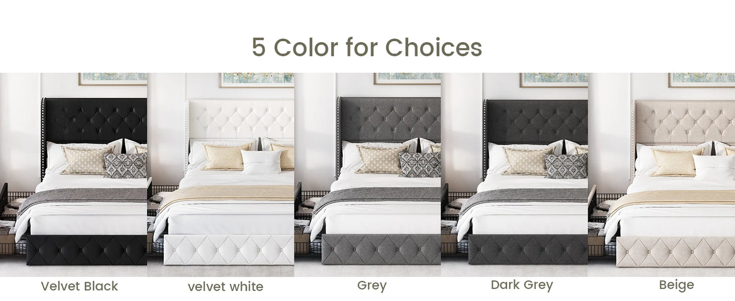 Bedroom Bed, King Size Bed Frame with 4 Storage Drawers and Tufted Headboard Velvet Upholstered Platform Bed Frame Wingback