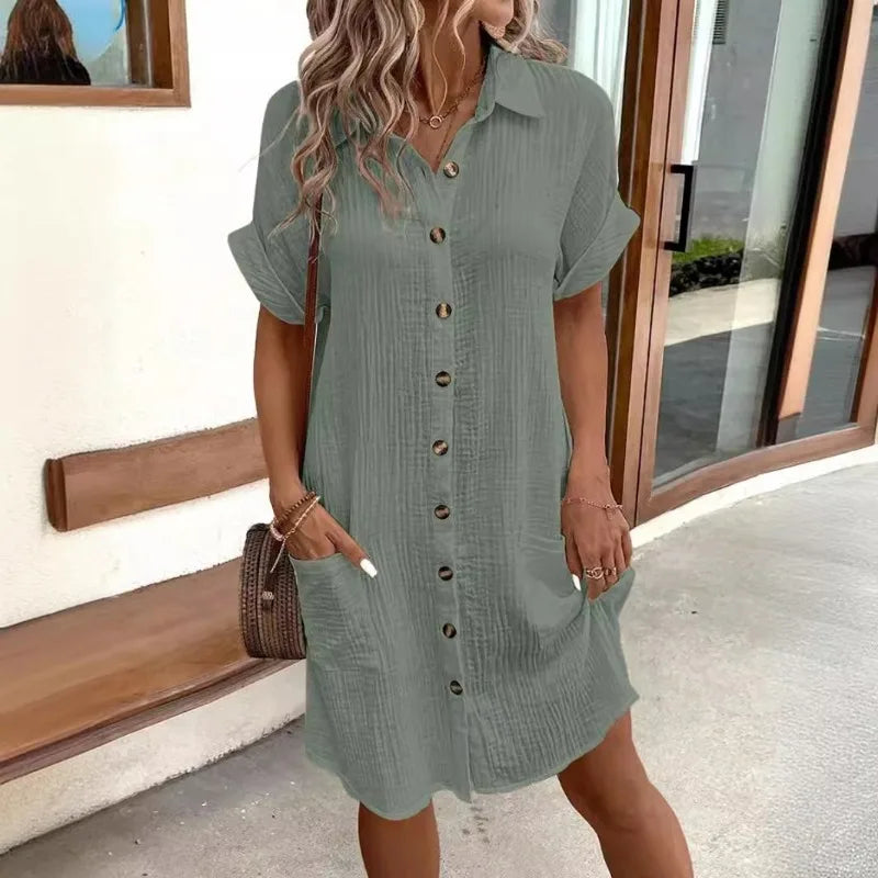 V-neck Button Up Dress Woman Cotton Linen White Short Sleeved Pocket Casual Loose Shirt Dress