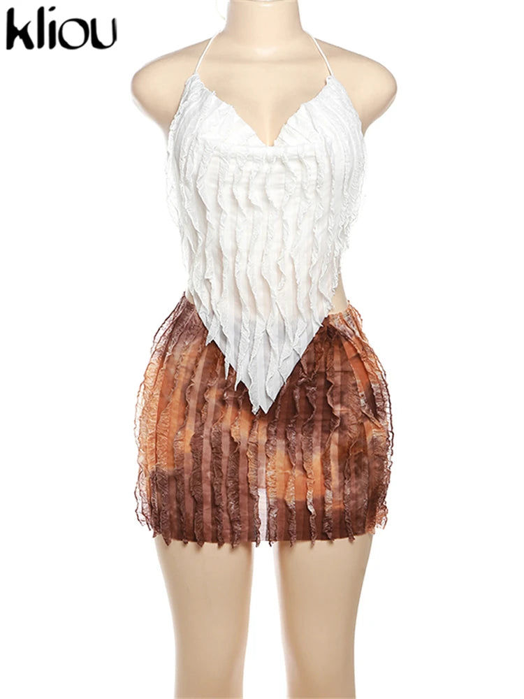 kliou Summer Women Mini Sexy Mesh Two Piece Set