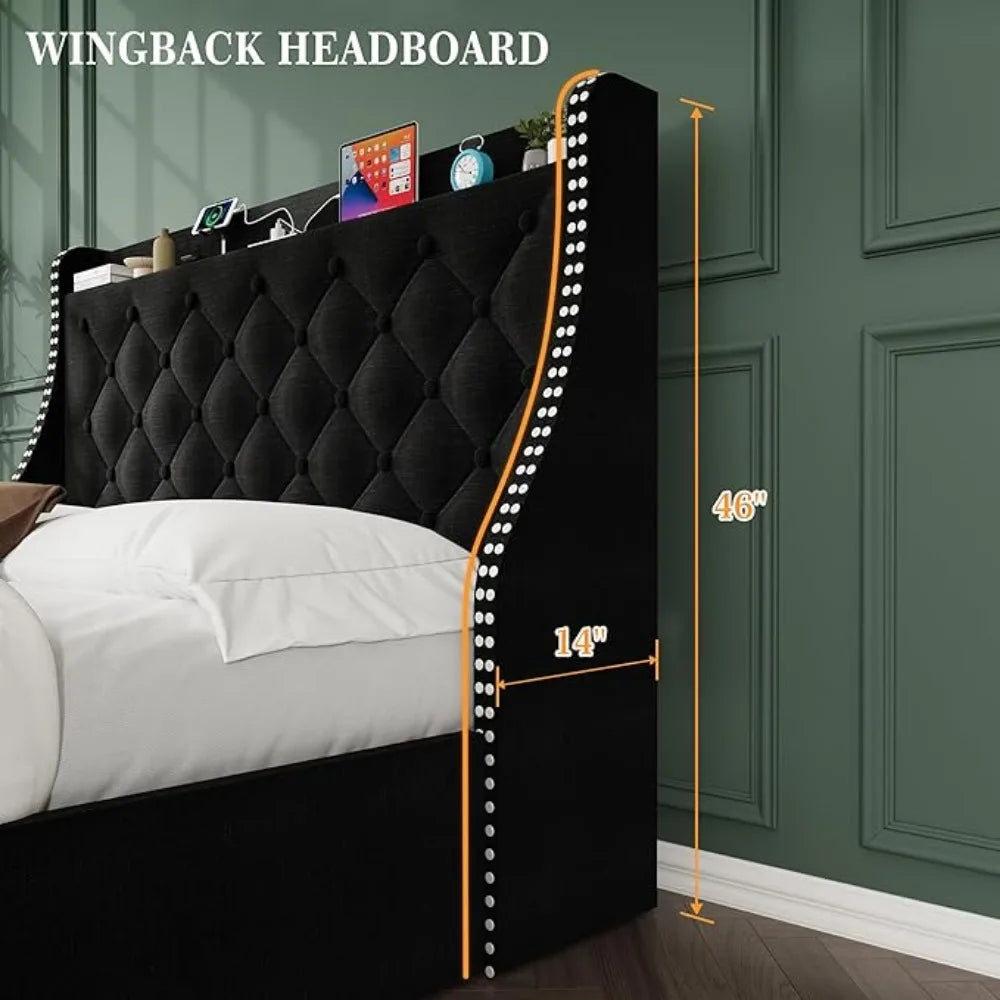 Large Bed Frame with 4 Storage Drawers and Storage Headboard Equipped with Charging Station Diamond Sewn Button Tufted Design