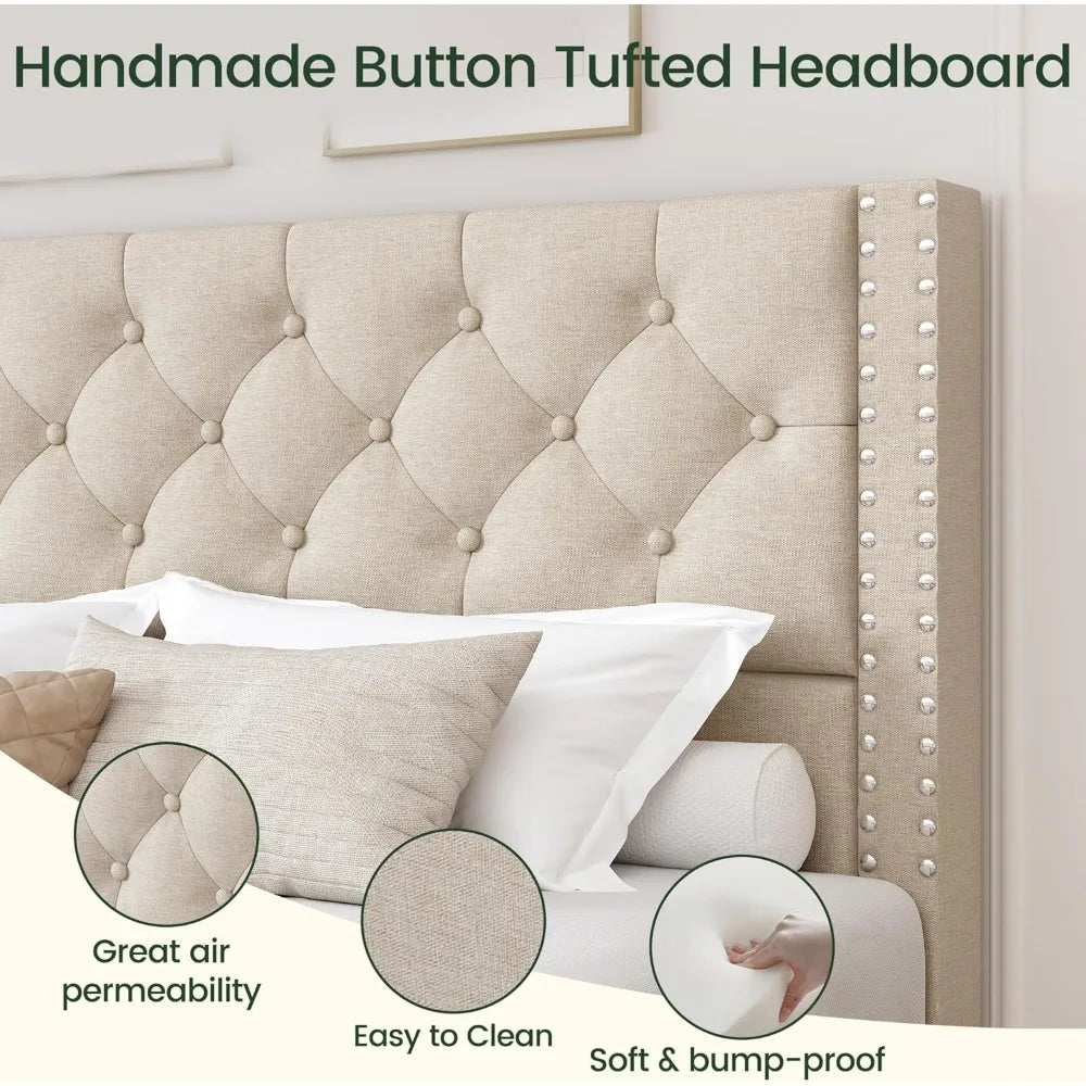 Queen Size Bed Frame with 4 Storage Drawers and Tufted Headboard Linen Upholstered Platform Bed Frame with Heavy Duty Wood Slats
