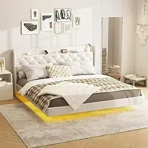 King Bed Frame, Floating with LED Lights, Upholstered Bed with Charging Station, No Box Spring Needed, Bed Frame