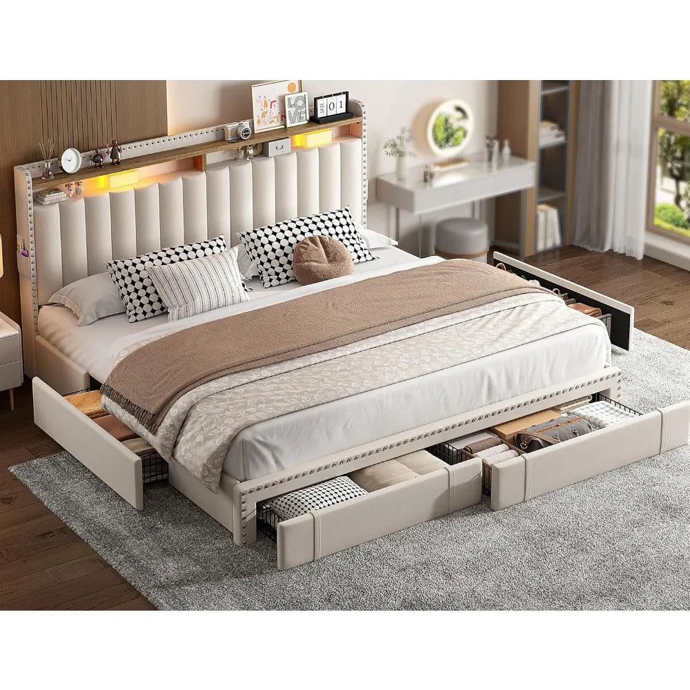 EnHomee King Size Bed Frame with 4 Storage Drawers, Upholstered King Bed Frame and headboard with 2-Tier Shelves, Sturdy Wooden