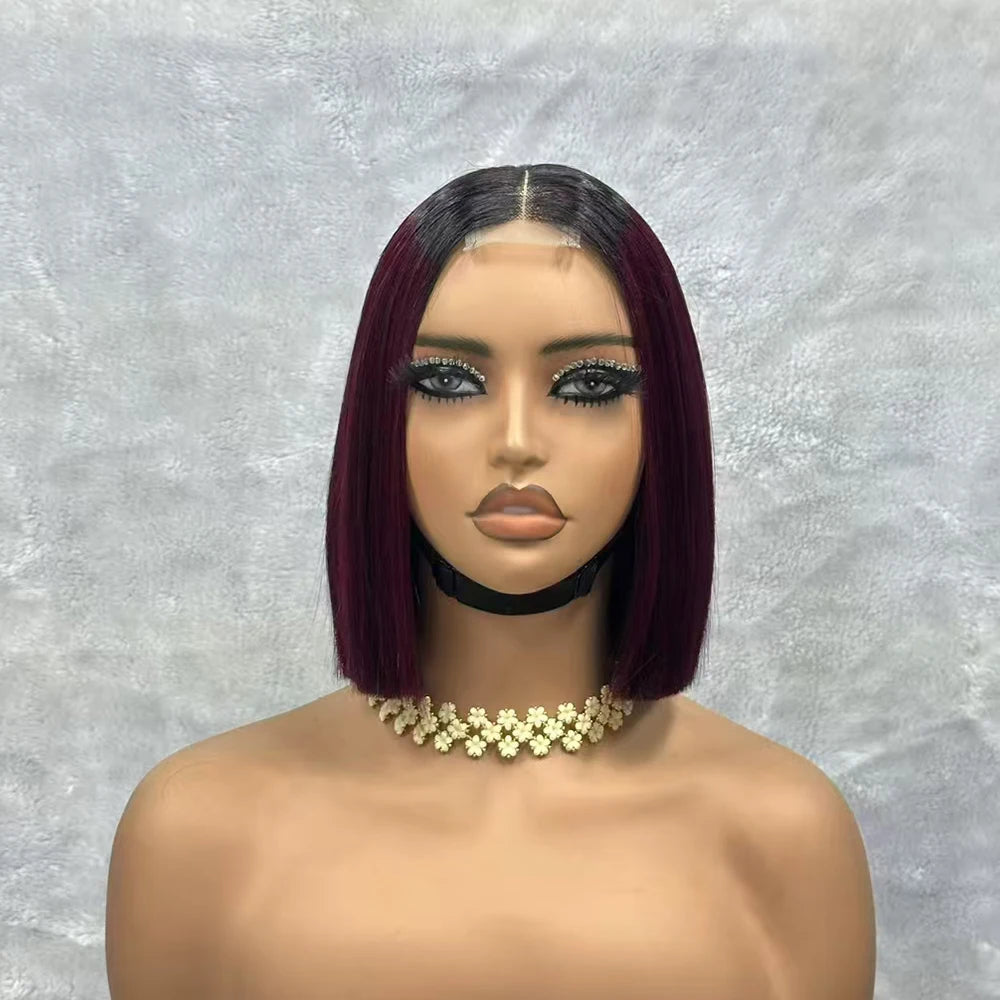 Wine Red Short Bob Human Hair Wig Virgin Brazilian Bone Straight Bob Hair Wig 2x6 Lace Closure Wigs