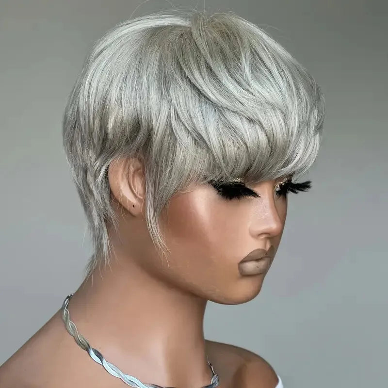 Grey Short Pixie Cut Wig Human Hair Short Layered Pixie Wig For Women 6 Inch