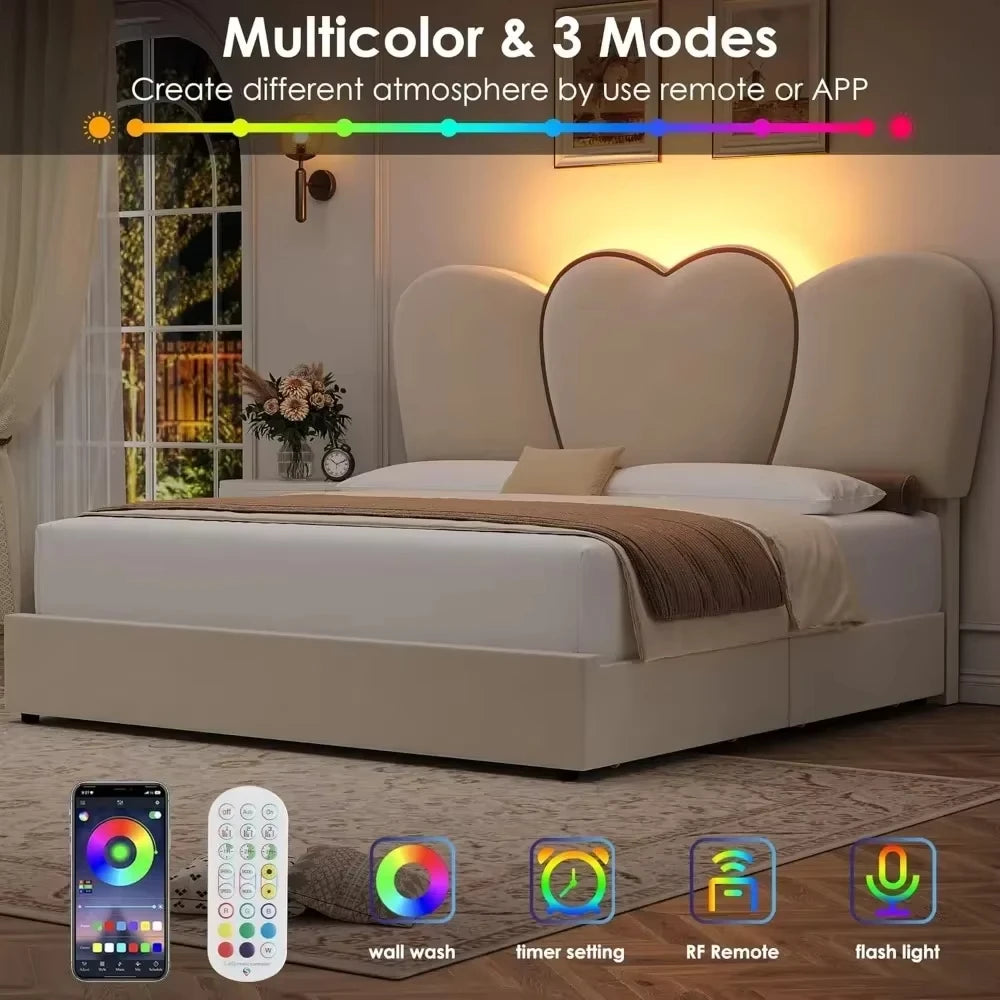 King LED Bed Frame with 4 Storage Drawers, Modern Velvet Upholstered Platform Bed with 55" Tall Heart Shaped Headboard