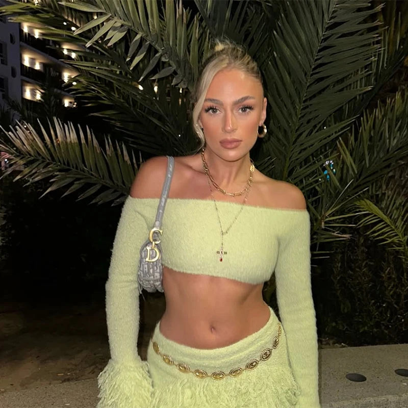 Elegant Tassel Knitted Skirt Set Women Off Shoulder Long Sleeve Crop Top Hip Package Mini Skirts Suit Summer Beach Lady Outfits
