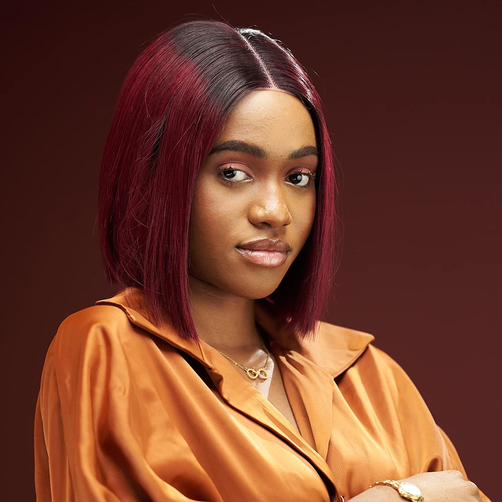 Wine Red Short Bob Human Hair Wig Virgin Brazilian Bone Straight Bob Hair Wig 2x6 Lace Closure Wigs