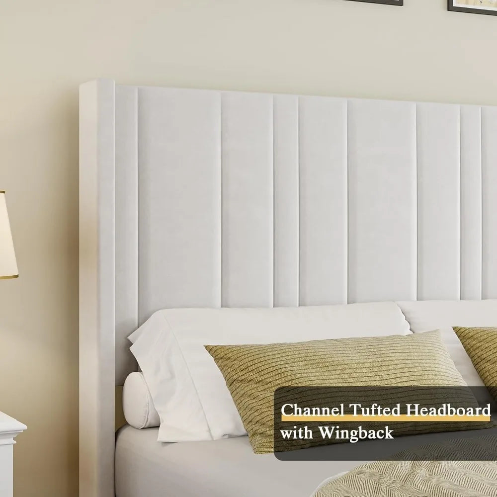 King Size Bed Frame,Wingback Headboard & Footboard, Soft Bed Frame King, Noise Free, Easy Assembly, White