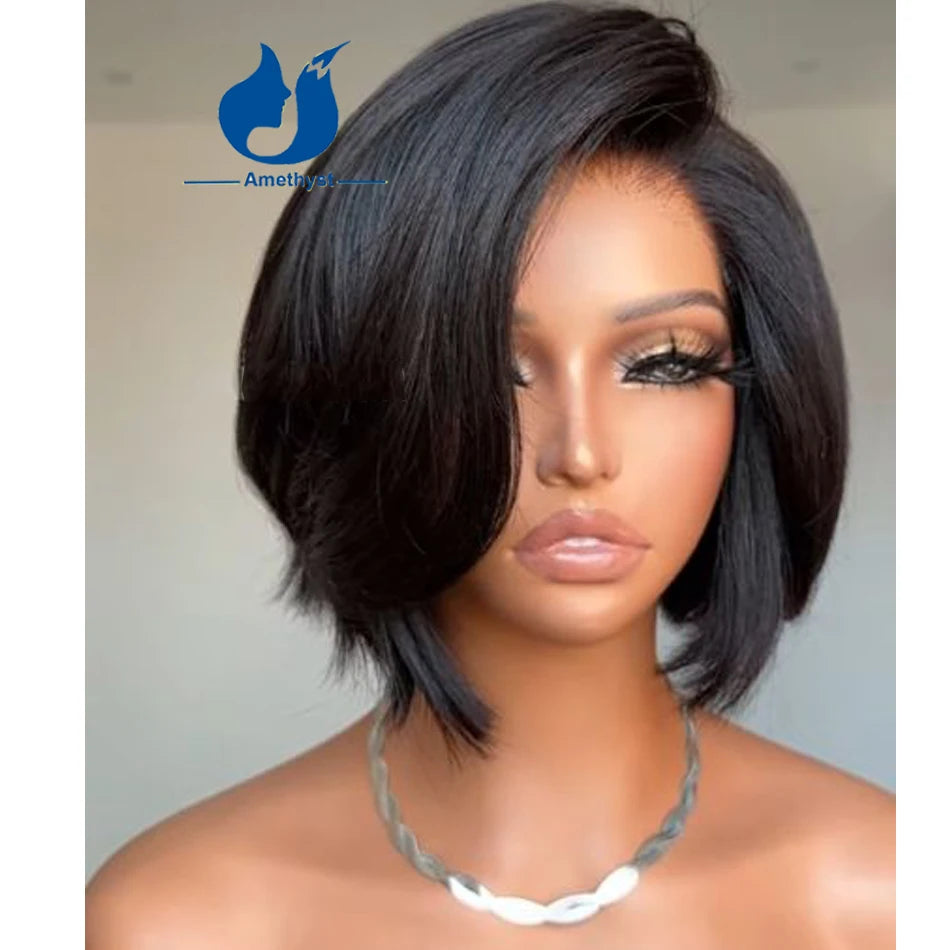 Natural Layered Short Bob with Side Bangs Straight 13x6 Lace Front Human Hair Wigs Straight Bob Pixie Cut