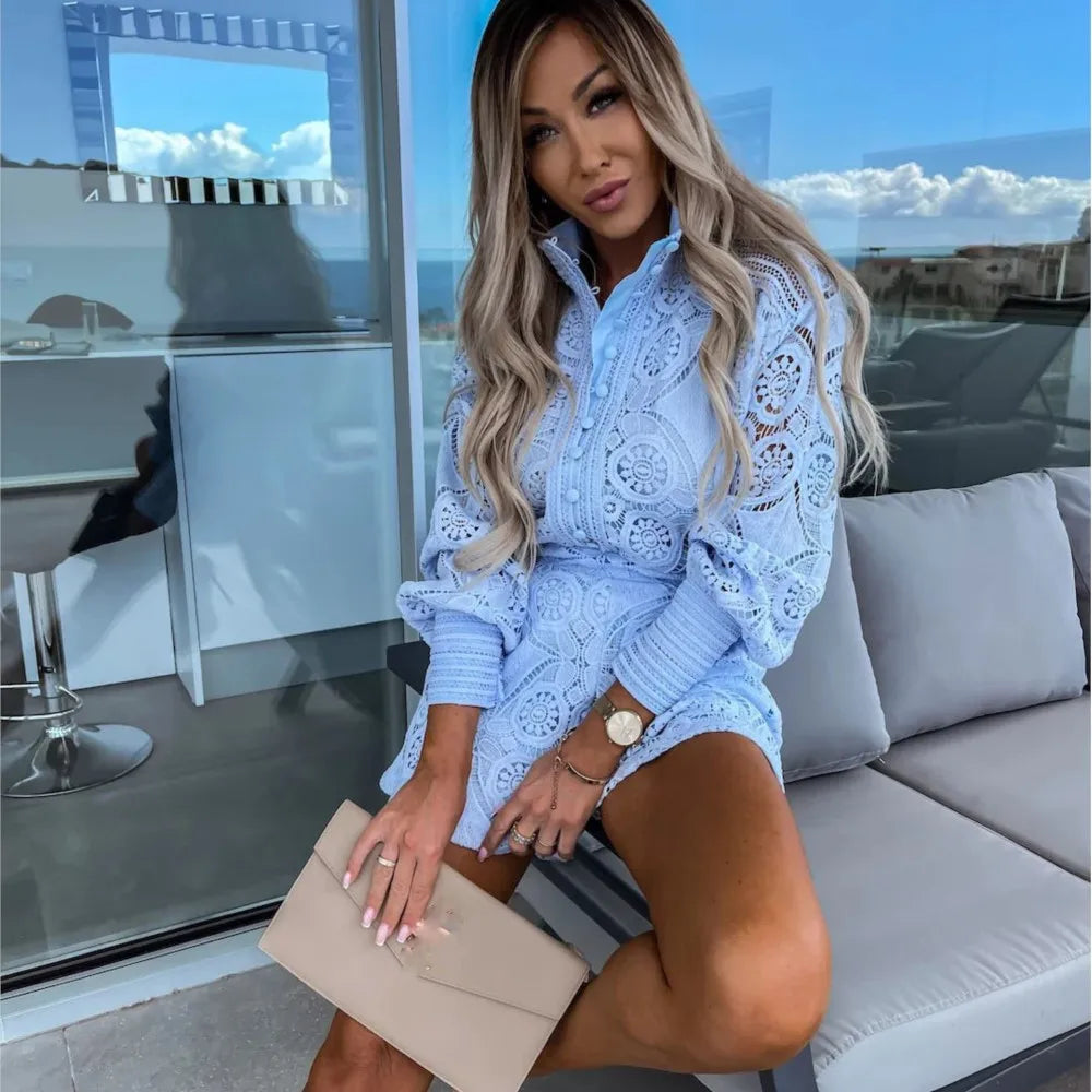 Lace Shirt Single Breasted Long Sleeve Shorts Set Spring Summer Slim Elegant Ladies Office White Shorts 2piece Set