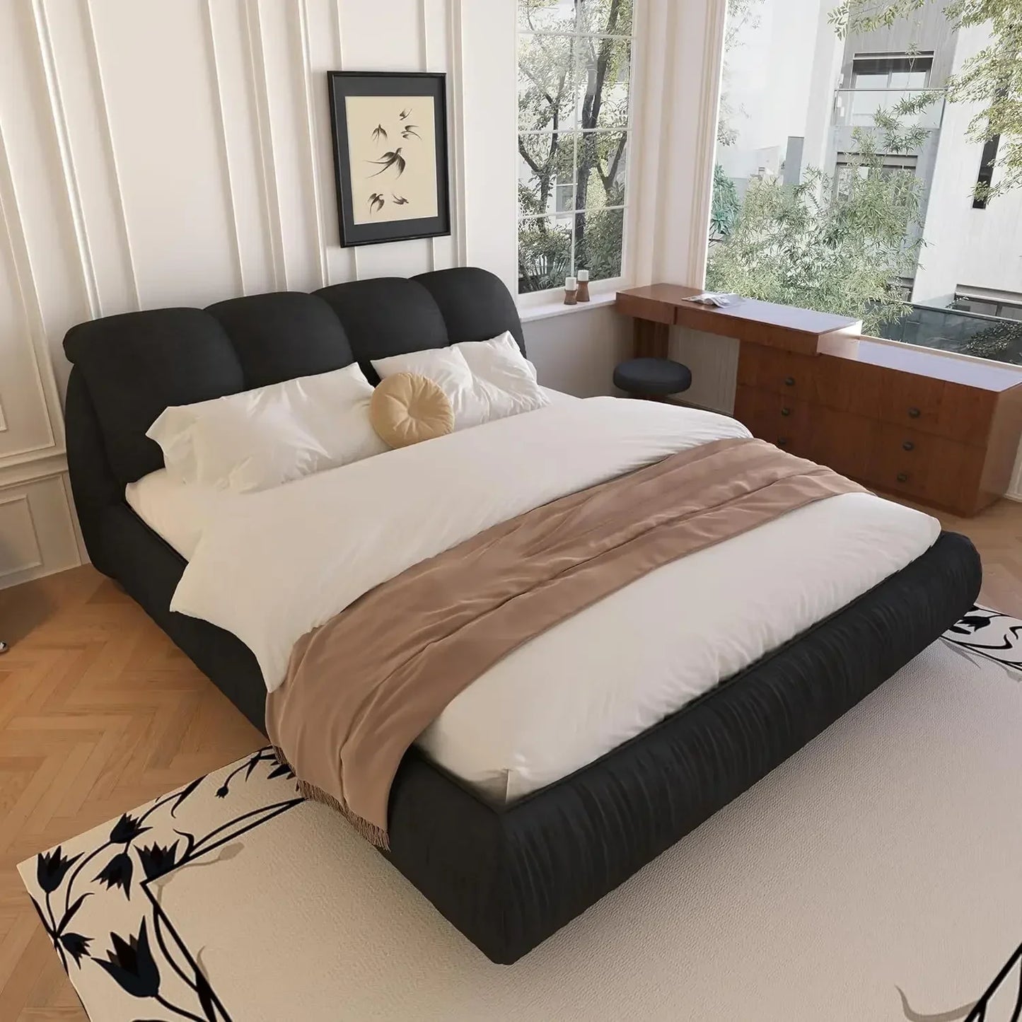 Luxury  Upholstered Platform Bed with Oversized Padded Backrest, Soft Frame Cloud Bed,Pinewooden Slats and Metal Leg