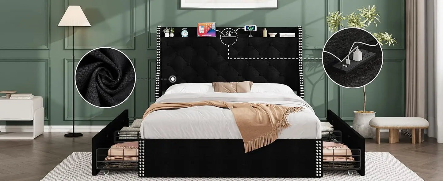 Large Bed Frame with 4 Storage Drawers and Storage Headboard Equipped with Charging Station Diamond Sewn Button Tufted Design