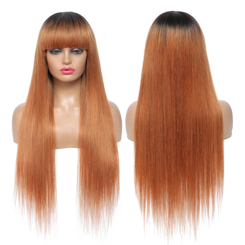 Straight Human Hair Wigs With Bangs/Burgundy Brazilian Remy