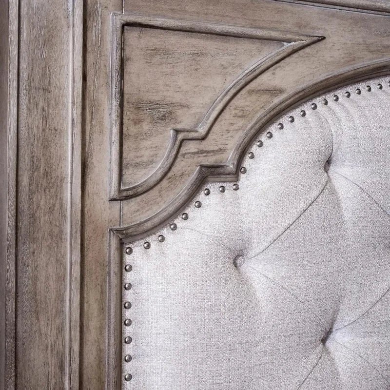 King Bed with Upholstered Button Tufted Headboard and Low Vertical Planked Inset, 83.5" x 90", Farmhouse Style Bed Frame