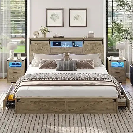 Hasuit Farmhouse Bed Frame King Size with Storage Bookcase Headboard, Wooden King Bed with LED Lights, Charging Station, 2 Drawe