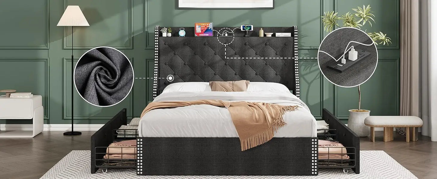 Large Bed Frame with 4 Storage Drawers and Storage Headboard Equipped with Charging Station Diamond Sewn Button Tufted Design