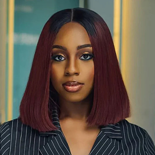 Wine Red Short Bob Human Hair Wig Virgin Brazilian Bone Straight Bob Hair Wig 2x6 Lace Closure Wigs