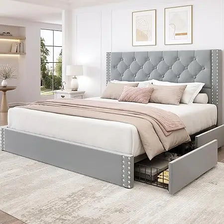 Queen Size Bed Frame with 4 Storage Drawers and Tufted Headboard Linen Upholstered Platform Bed Frame with Heavy Duty Wood Slats