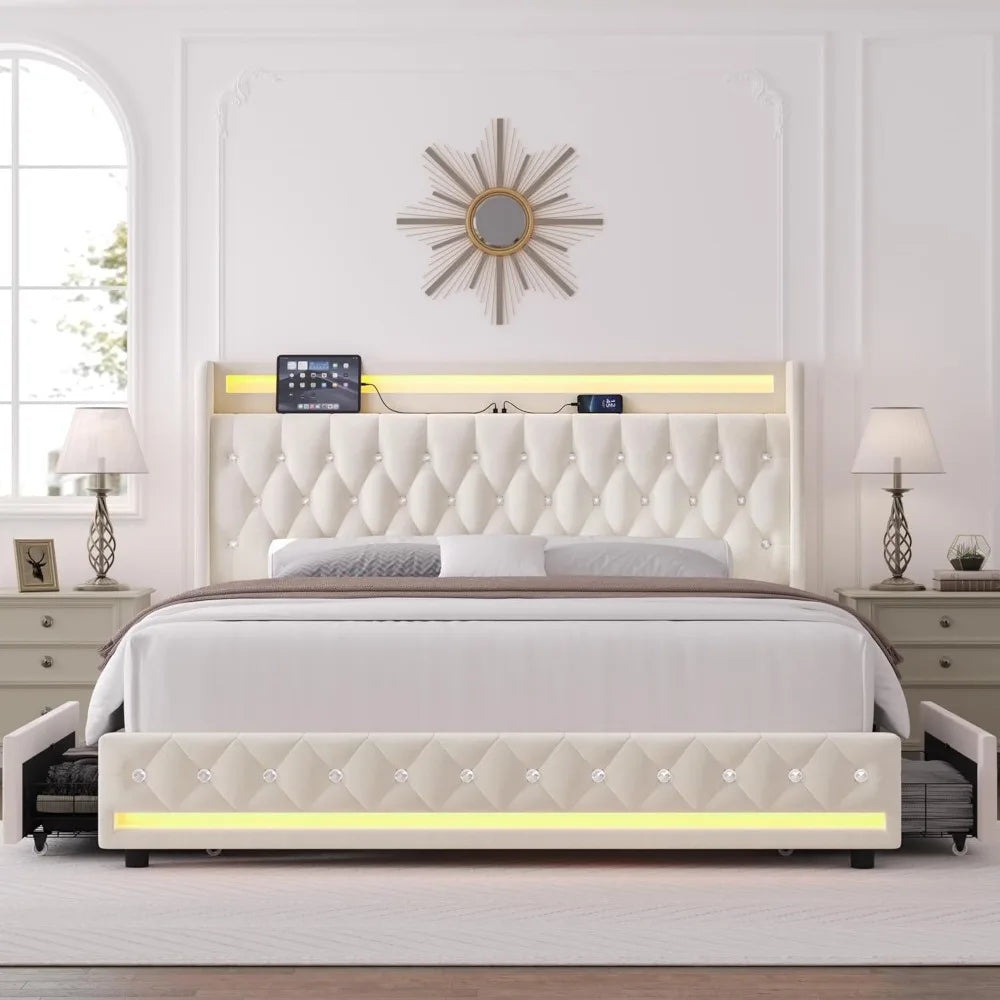 bedstead, with Charging Station and 4 Storage Drawers, Velvet Upholstered Platform Bed with Headboard, Metal Frame, bedstead
