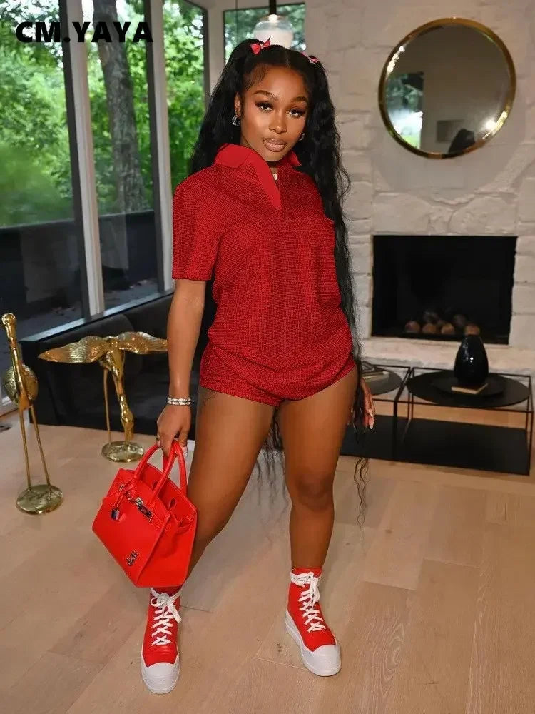 Women's Set Short Sleeve Polo-collar T-shirt and Shorts Two 2 Piece Set
