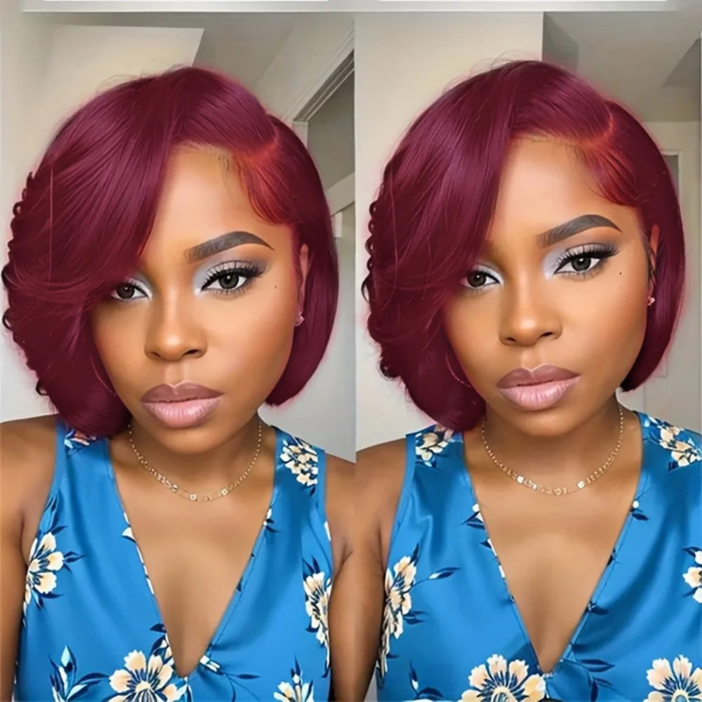 13x4 frontal lace daily party use remy wig 150% density 8inch 99 brown black color short straight pixie cut human hair wig