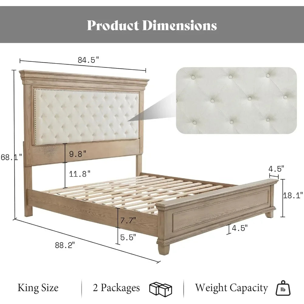 King Size Bed Frame with Upholstered Headboard, Solid Wood Mid-Century Platform Bed, Architectural Design, No Box Spring Needed