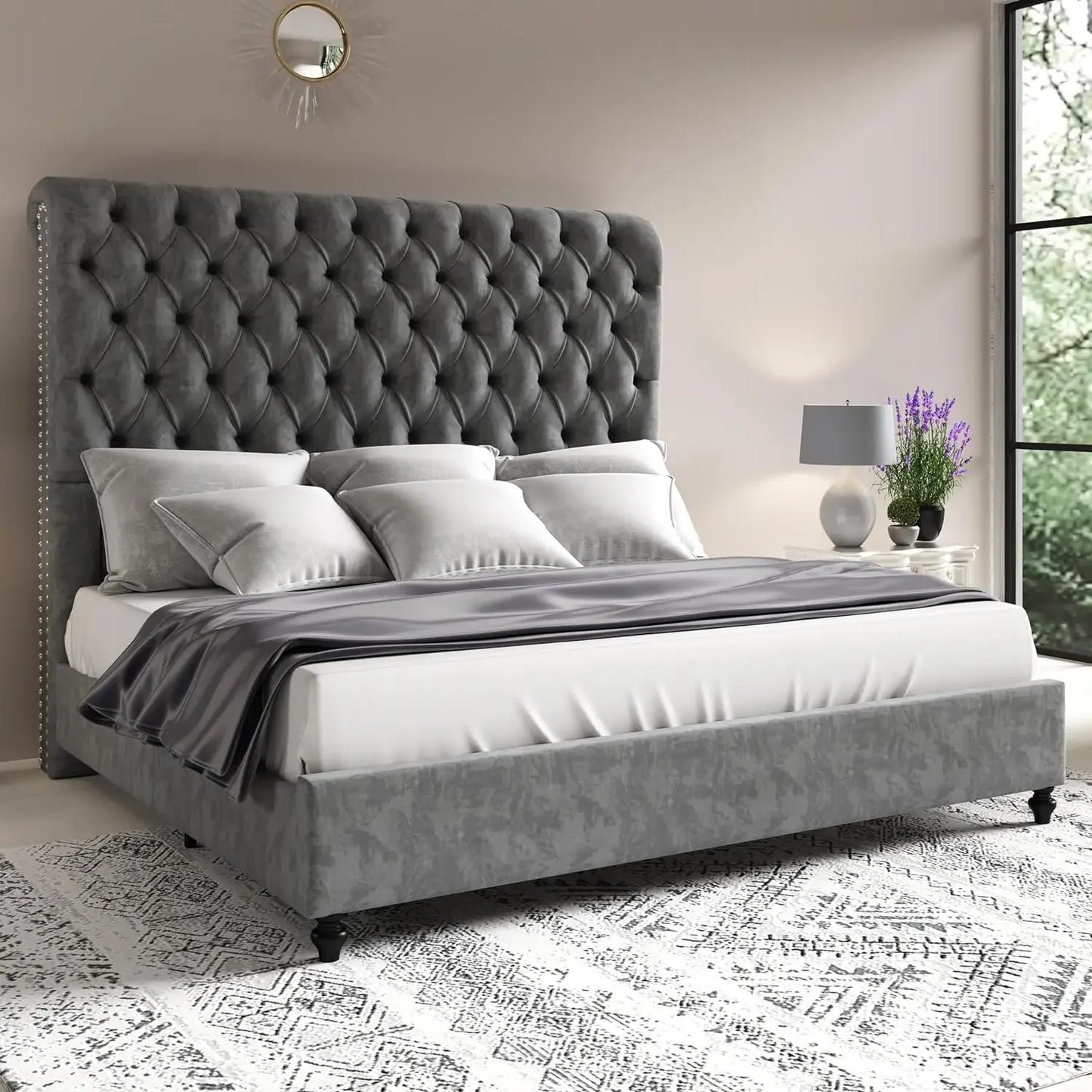 Queen Size Bed Frame with Sleigh Headboard 60" Tall Velvet Upholstered Platform Bed, No Box Spring Needed, Cream