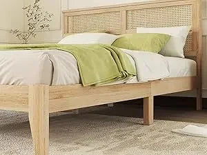 Queen Size Rattan Bed Frame, Natural Wood Bed Frame with Support Legs, Platform Beds with Rattan Headboard, Queen Bed Frame