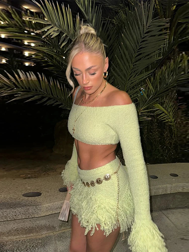 Elegant Tassel Knitted Skirt Set Women Off Shoulder Long Sleeve Crop Top Hip Package Mini Skirts Suit Summer Beach Lady Outfits