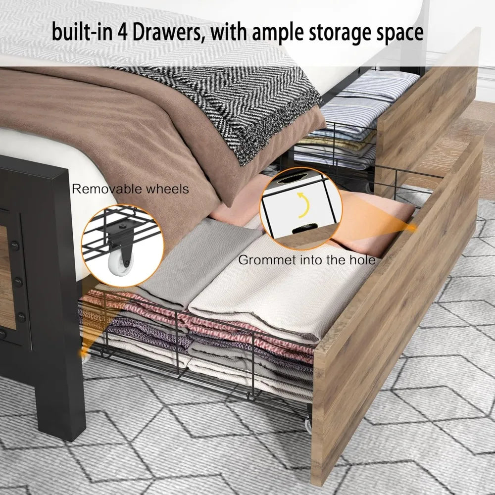 Keyluv King Bed Frame with 4 Storage Drawers, Rivet Modern Headboard and Footboard Platform Bed with Solid Wood Slats Support, N
