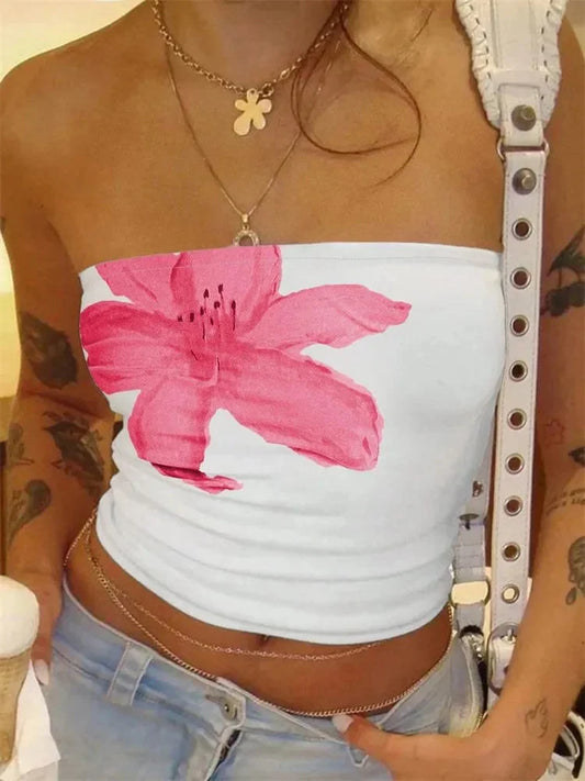 Women's Floral Printed Tube Top Summer Sexy Off the Shoulder Crop Top