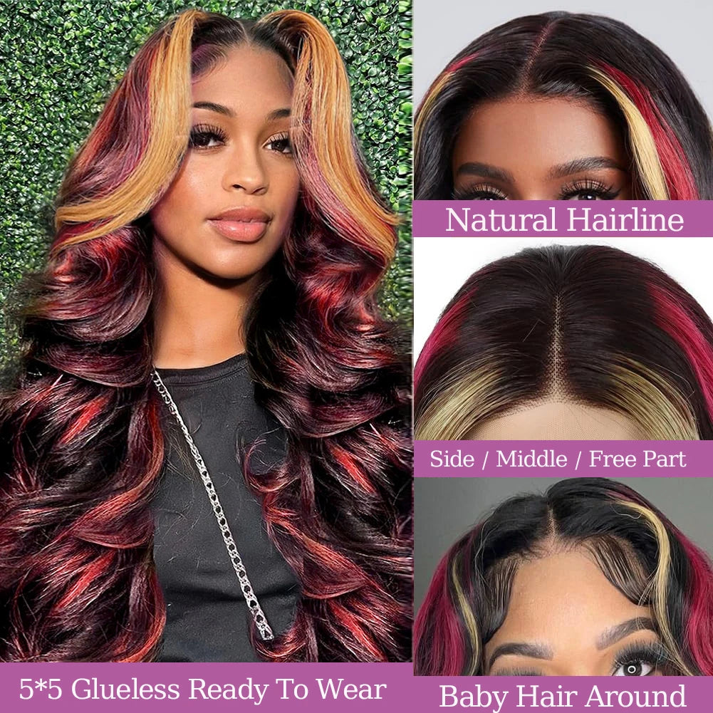 Ombre Red With Blonde Highlights Body Wave 5x5 Glueless Wigs Human Hair Burgundy for Women Pre Plucked 200 Density Colored Wig