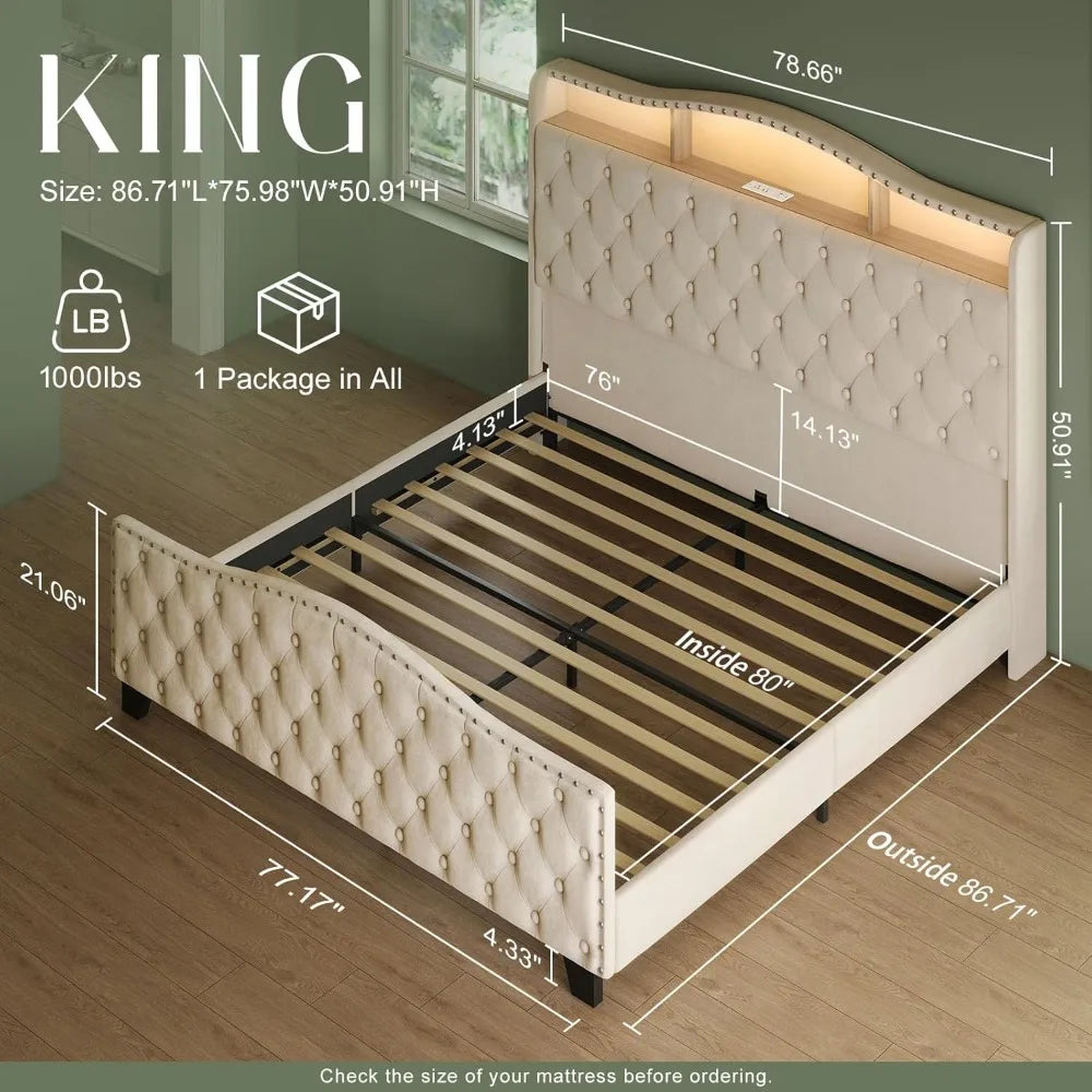 Belffin King Size Bed Frame and Headboard, 50.9" Velvet Upholstered Wingback Bedframe with LED Lights & Storage/Charging Station