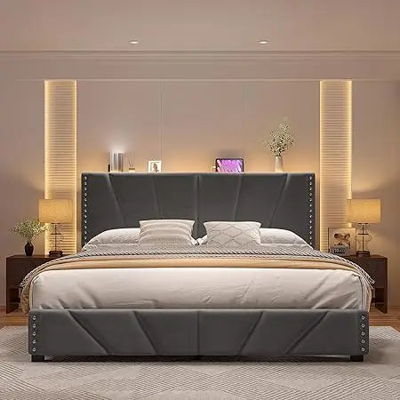 EnHomee King Size Bed Frame with Velvet Headboard and LED Lights， Storage Headboard Platform Bed with Charging Station, Sturdy W