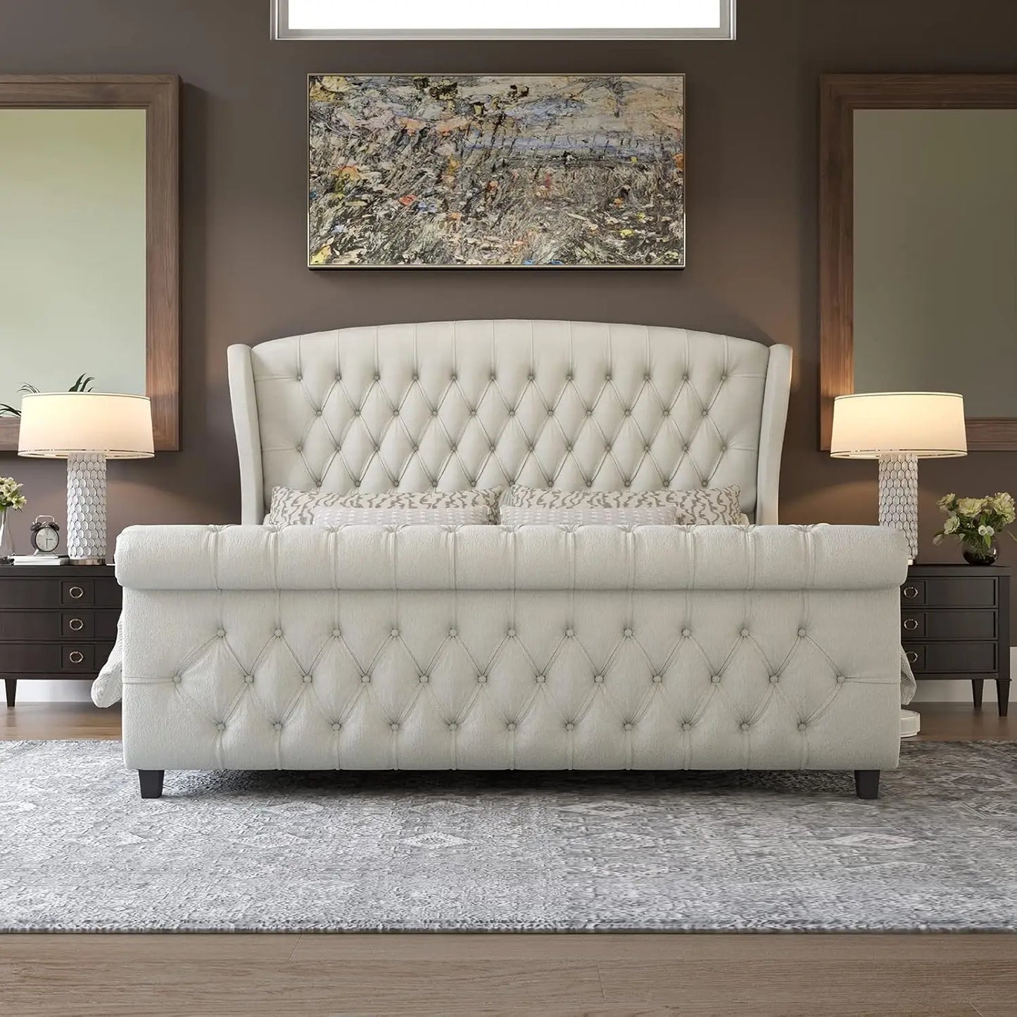 AMERLIFE Queen Size Platform Bed Frame, Chenille Upholstered Sleigh Bed with Wingback Headboard, No Box Spring, Cream