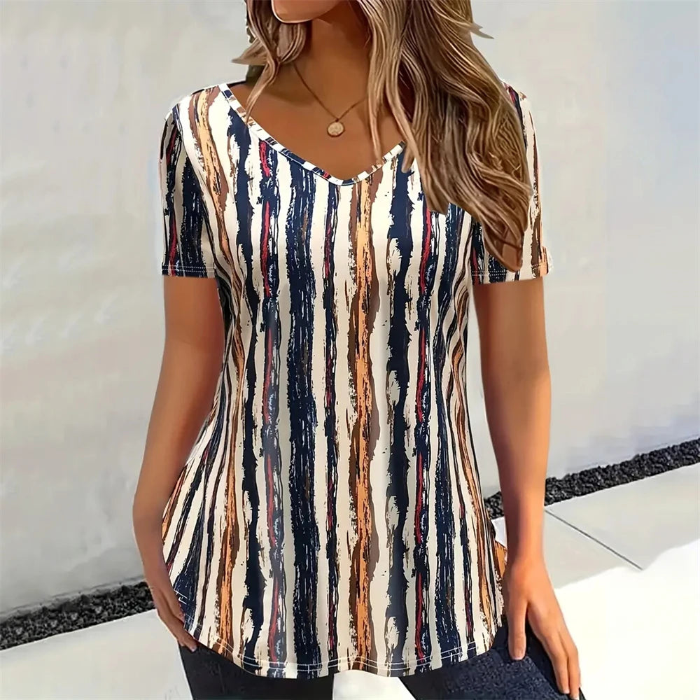 Printed Women's V-Neck Short Sleeve Women's Loose Shirt