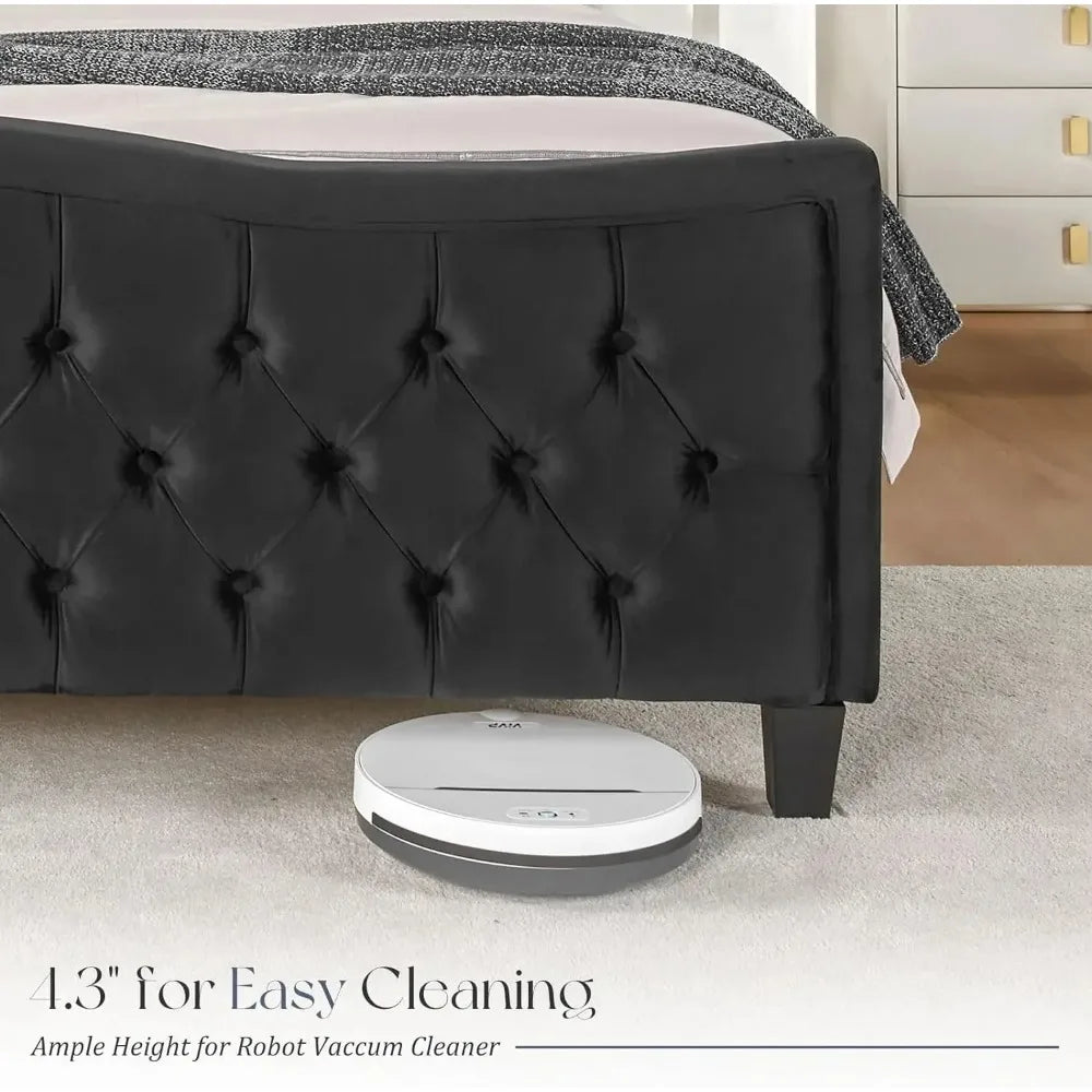 Platform Bed Frame, Wavy Velvet Wingback Upholstered Bed with Handmade Deep Button Tufted High Headboard & Footboard