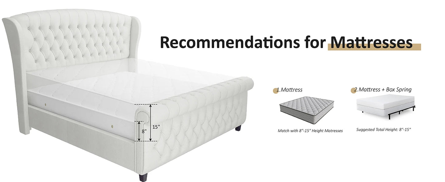 AMERLIFE Queen Size Platform Bed Frame, Chenille Upholstered Sleigh Bed with Wingback Headboard, No Box Spring, Cream