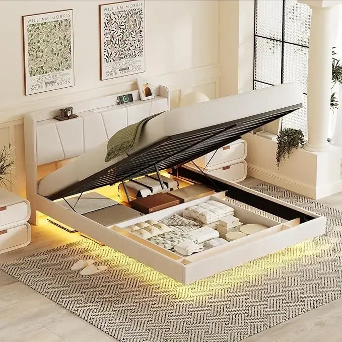 King Bed Frame, Floating with LED Lights, Upholstered Bed with Charging Station, No Box Spring Needed, Bed Frame