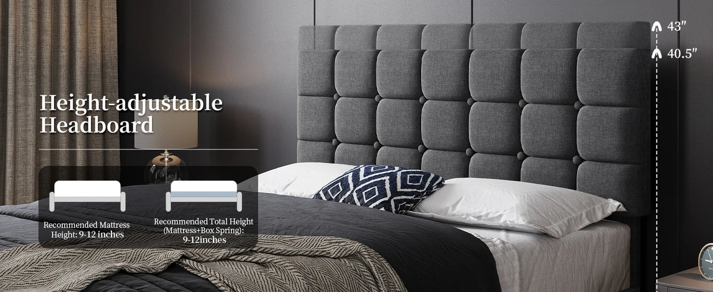 Soft Padded Bed Frame, Modern King Size Bed Platform, with Square Stitching and Button Tufted Headboard, Adjustable Height