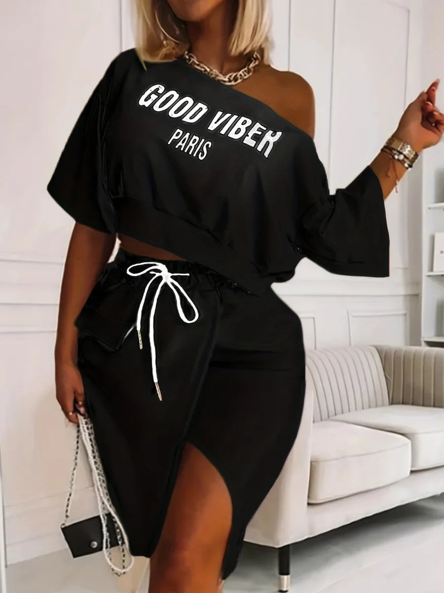 Two Piece Good Viber One Shoulder Letter Print Set Crop Top + High Split Skirt