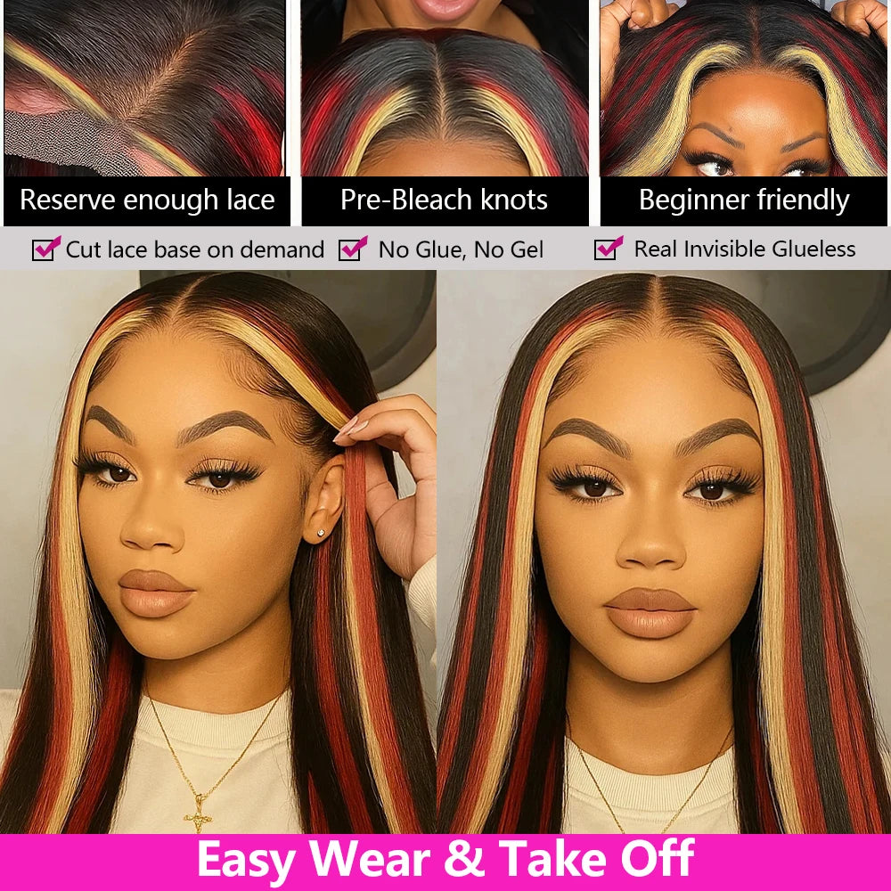 Ombre Red With Blonde Highlights Body Wave 5x5 Glueless Wigs Human Hair Burgundy for Women Pre Plucked 200 Density Colored Wig