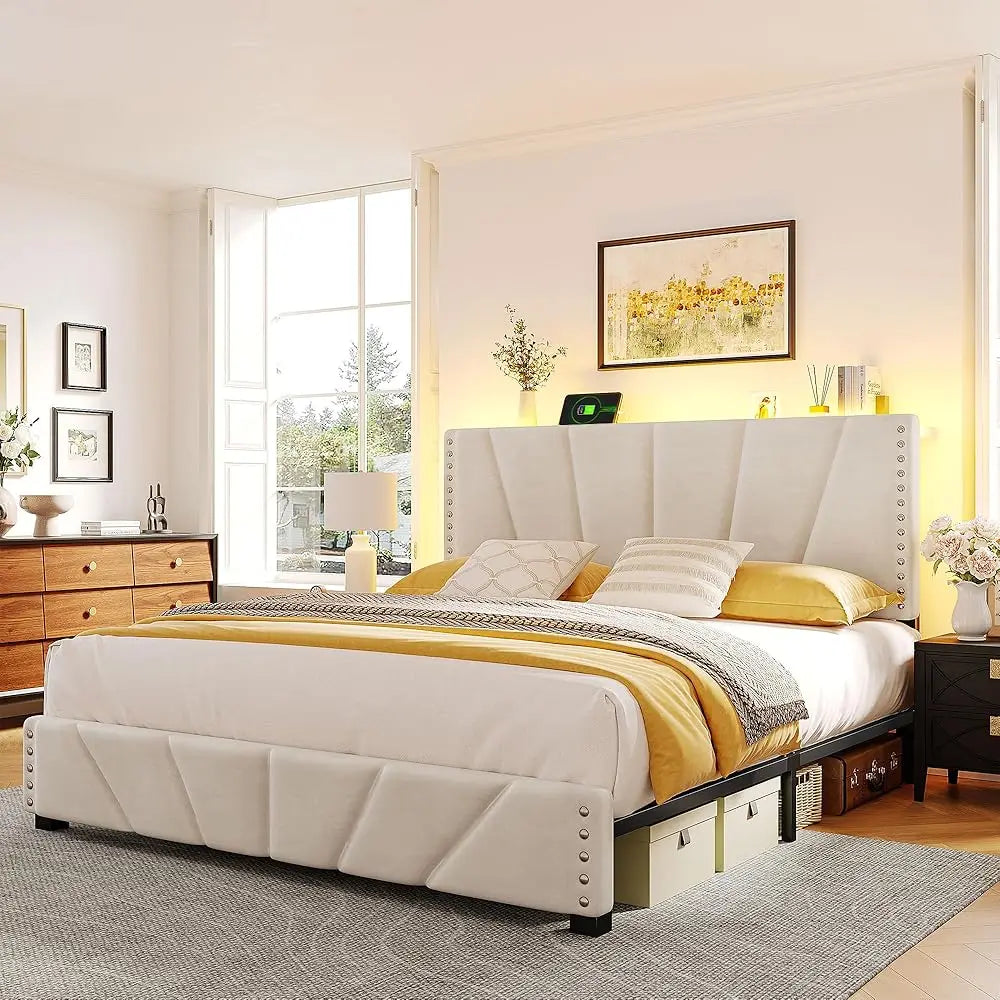 LED Queen Size Bed Frame with Velvet Headboard and Charging Station, Sturdy Wooden Slats Support, Noise-Free, Easy Assembly