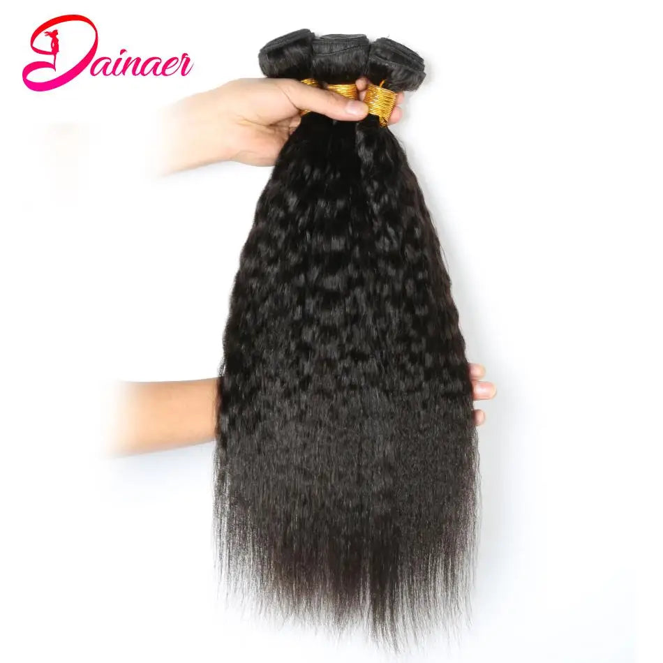 3 Pcs Kinky Straight Bundles Brazilian Unprocessed Virgin Human Hair Weave Bundles 4C  Yaki Human Hair Extensions Natural Black
