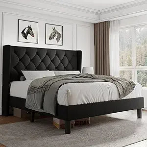iPormis Full Size Platform Bed Frame with Button Tufted Headboard, Upholstered Bed Frame with Solid Wooden Slats, 8" Underbed Sp