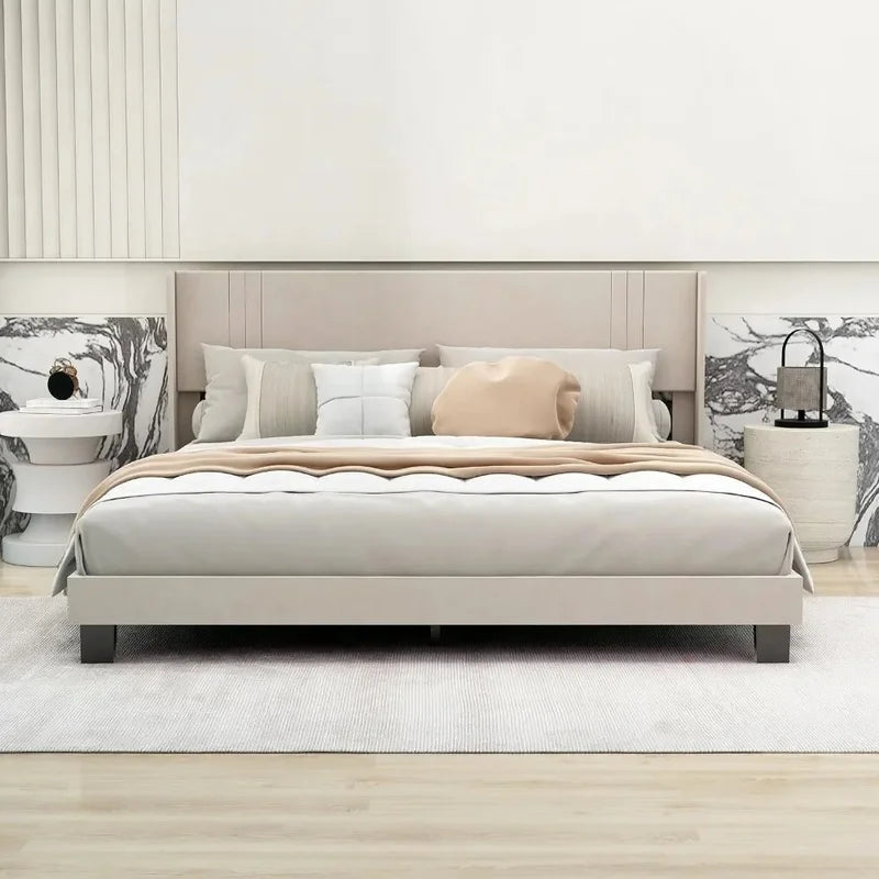 King Size Upholstered Platform Bed Frame with Headboard, Wooden Slats, Easy Assembly, No Box Spring Needed, Beige Velvet.