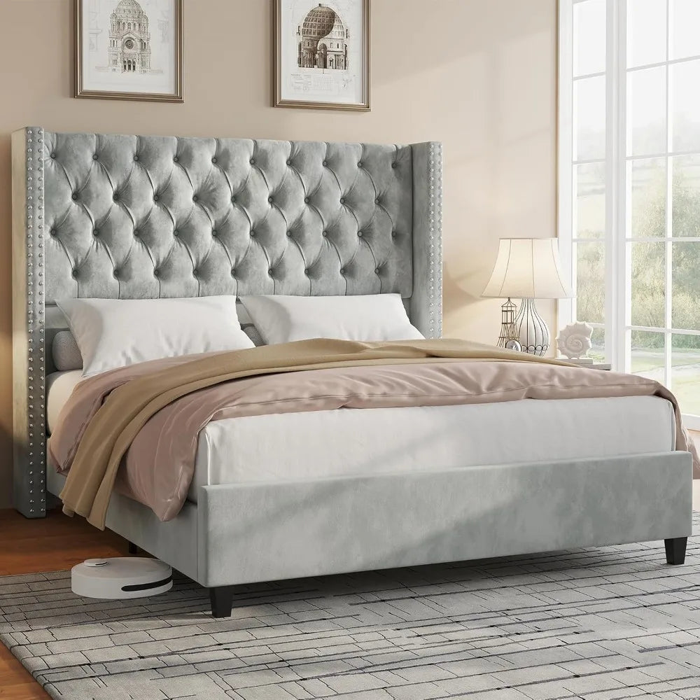 Queen Size Bed Frame Velvet Upholstered Platform Bed 51.6" Tall Wingback Headboard Deep Button Tufted, No Box Spring Needed