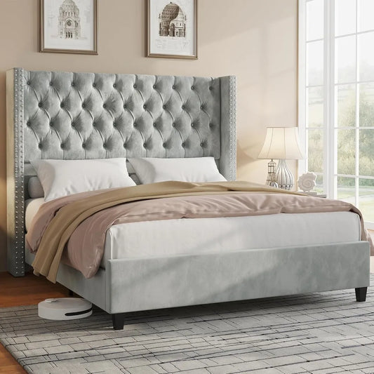 Queen Size Bed Frame Velvet Upholstered Platform Bed 51.6" Tall Wingback Headboard Deep Button Tufted, No Box Spring Needed